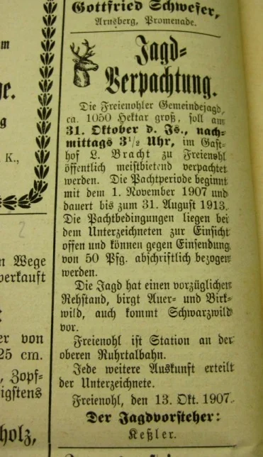 Zeitungsartikel Jagdverpachtung aus dem Jahre 1907