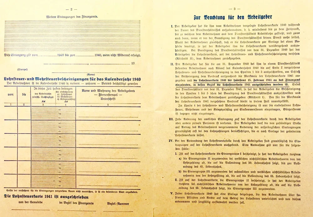 Lohnsteuerkarte 1940 innen