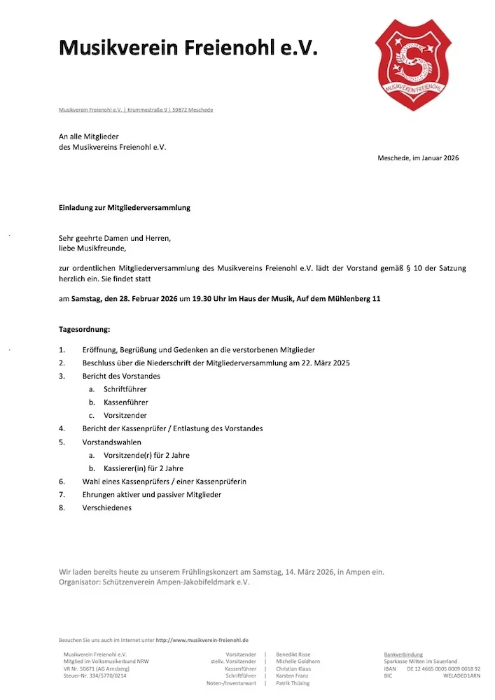 Einladung zur Mitgliederversammlung 2026 des Musikvereins
