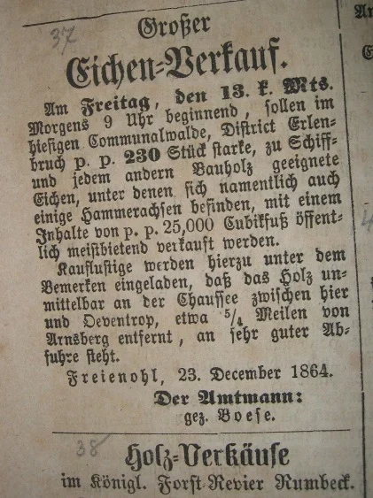 Zeitungsanzeige von 1864