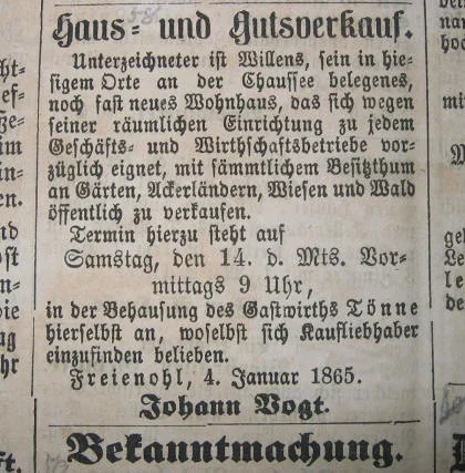 Zeitungsanzeige von 1865