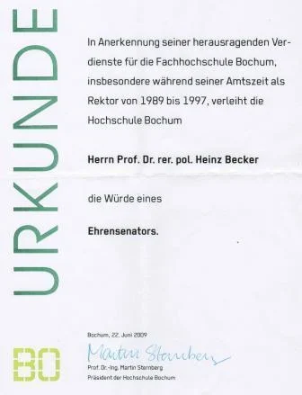 Urkunde zur Verleihung der Ehrensenatorwürde