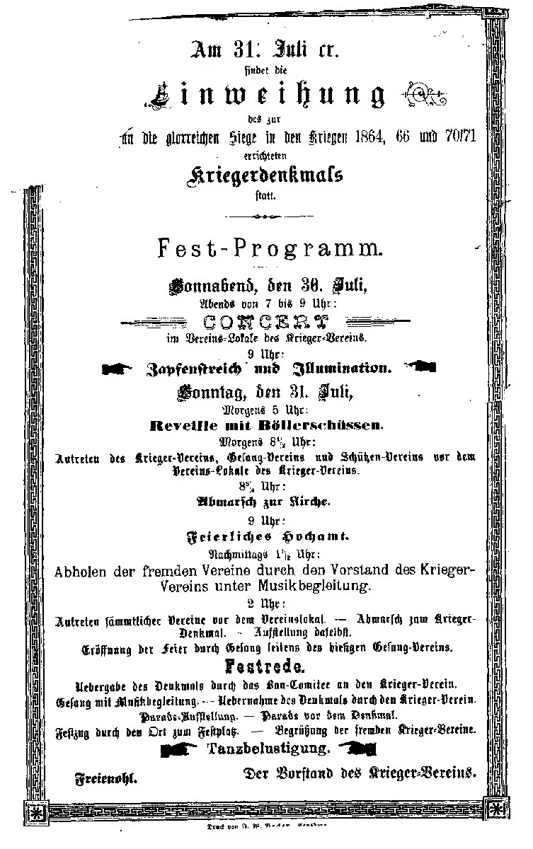 Festprogramm vom 31. Juli 1888 zur Einweihung des Kriegerdenkmals