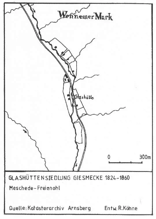 Die Karte zeigt die Glahüttenansiedlungen in der Giesmecke in Freienohl in den Jahren 1824 - 1860