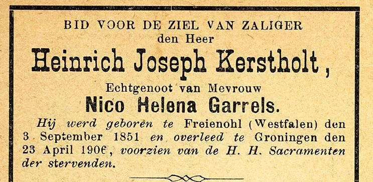 Erinnerungsblatt an Heinrich Joseph Kerstholt, * 1851 + 1906