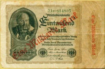 Aufgewertete Reichsbanknote vom 15.12.1922. Der erste Wert (1.000 Mark) wurde überdruckt und auf 1. Mio. Mark erhöht.