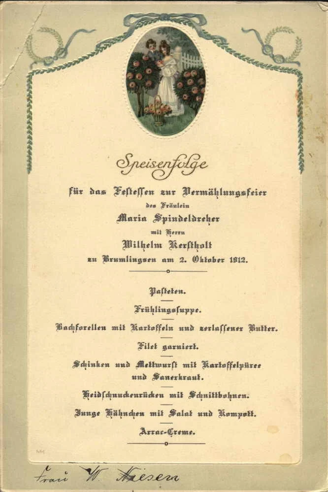 Speisekarte zur Hochzeit Maria Spindeldreher und Wilhelm Kerstholt am 02.10.1912