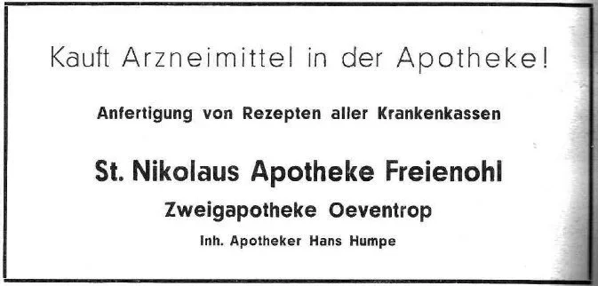 Werbung des Apothekers Hans Humpe aus den Jahren 01.07.1946 – 01.09.1957