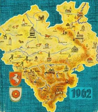 Karte von Westfalen auf dem Titelblatt eines Westfälischen Bauernkalenders aus dem Jahre 1962

