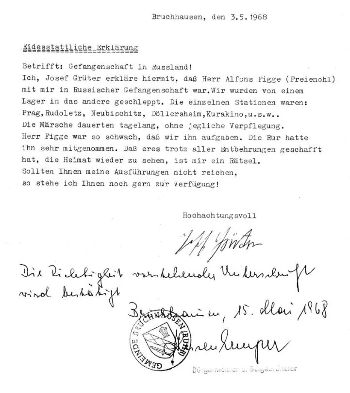 Nachweis über die Gefangenschaft von Alfons Figge sen.