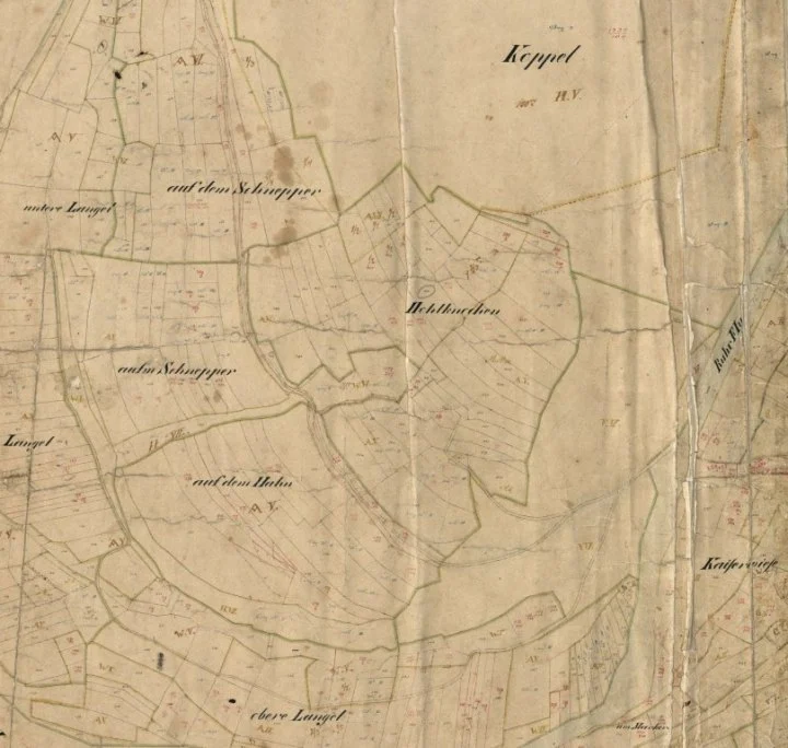 Auszug aus der Flurkarte aus dem Jahre 1827 mit den Lagebezeichnungen
"auf dem Hahn" "aufm Schnepper" "Hohlknochen" und "Koppel"