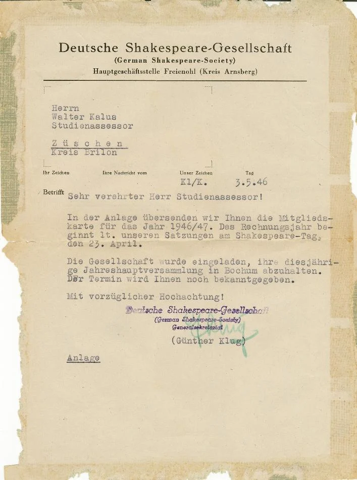 Brief an die Deutsche Shakespeare-Gesellschaft 