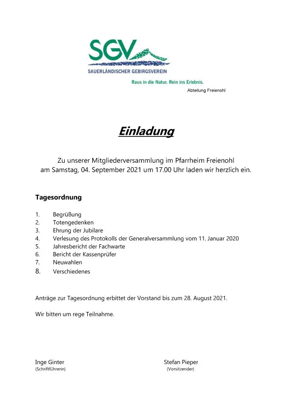 Mitgliederversammlung 2021 der SGV Abteilung Freienohl
