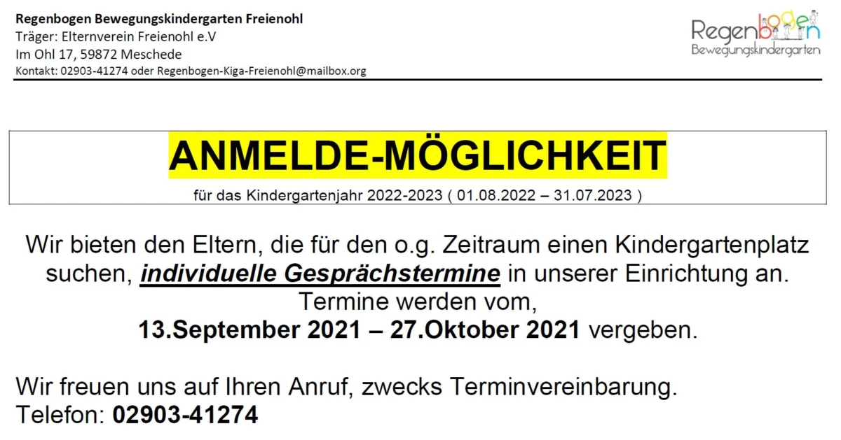Anmeldemöglichkeit für den Regenbogen Bewegungskindergarten
