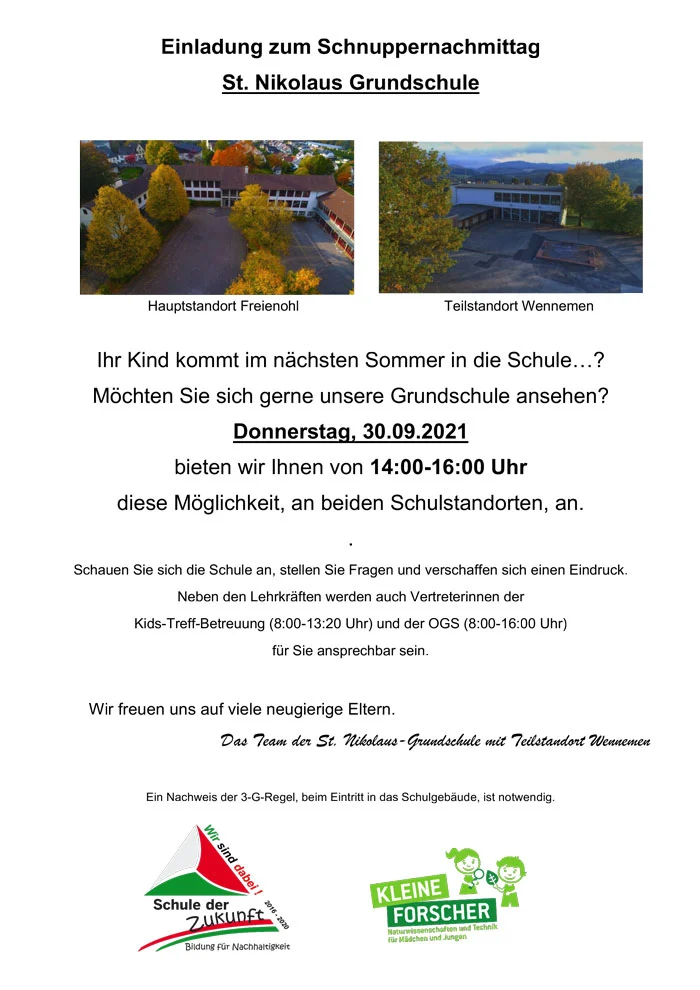 Einladung zum Schnuppernachmittag St. Nikolaus Grundschule
