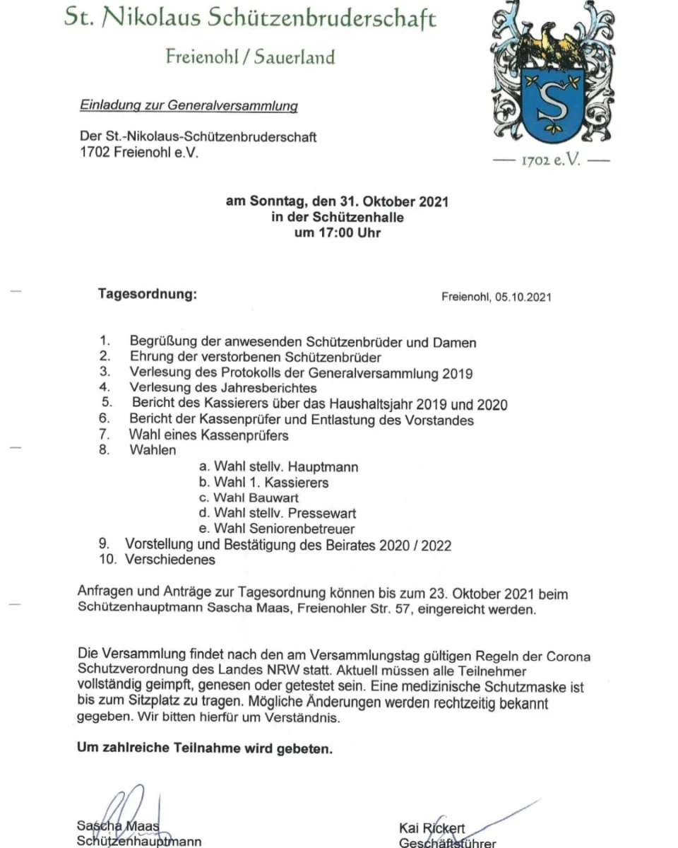 Generalversammlung der Schützenbruderschaft am 31.10.2021