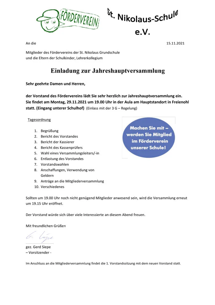 Einladung zur Jahreshauptversammlung Fördererein St. Nikolaus Grundschule
