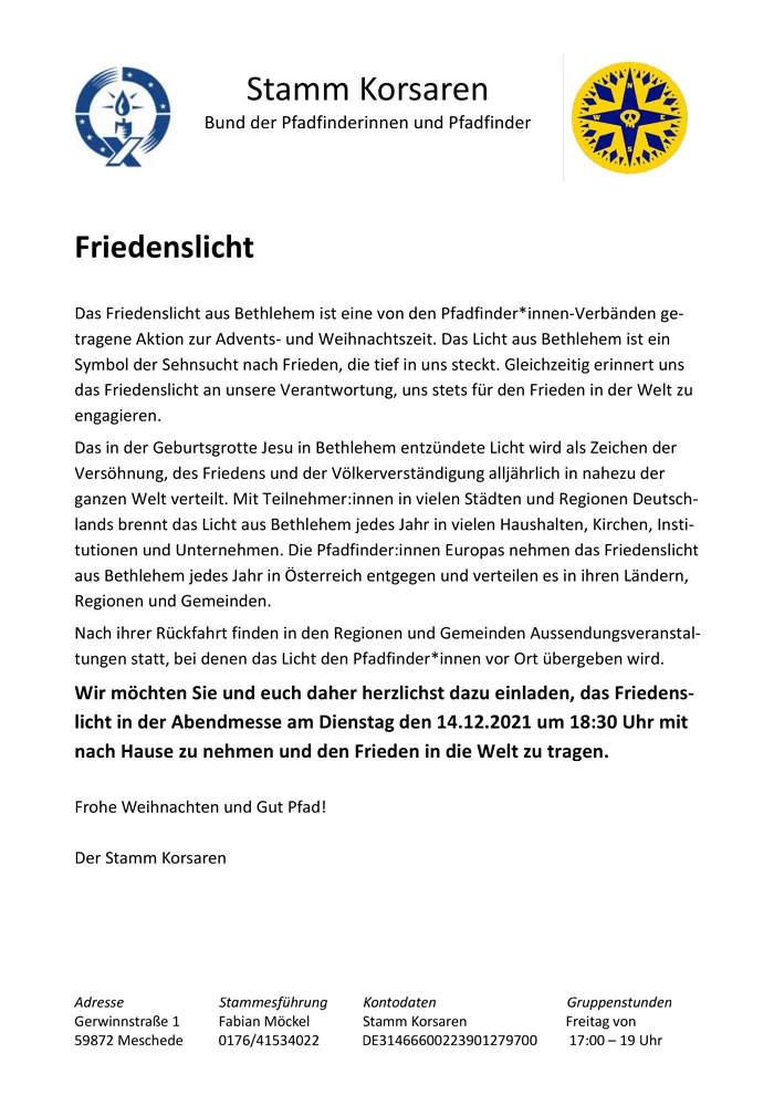 Das Friedenslicht aus Bethlehem am 14.12. in Freienohl
