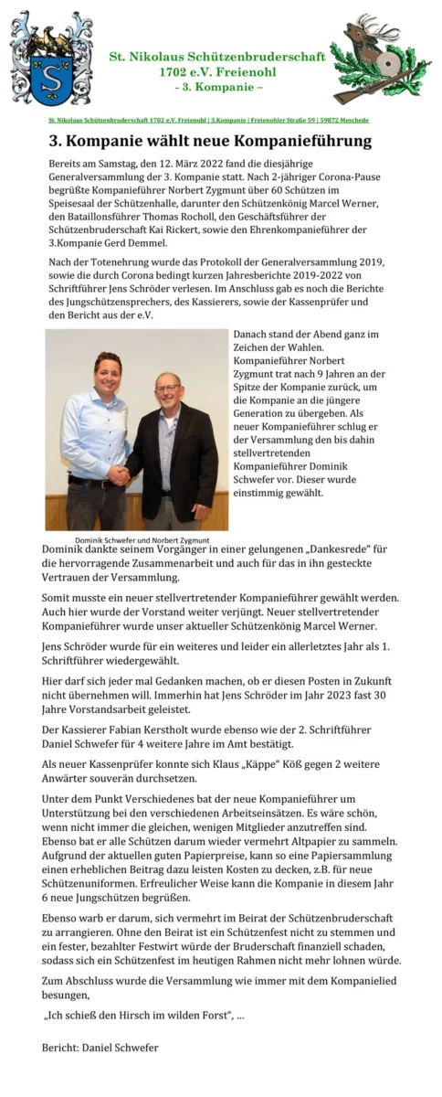Generalversammlung der 3. Kompanie: Neuer Kompanieführer gewählt

