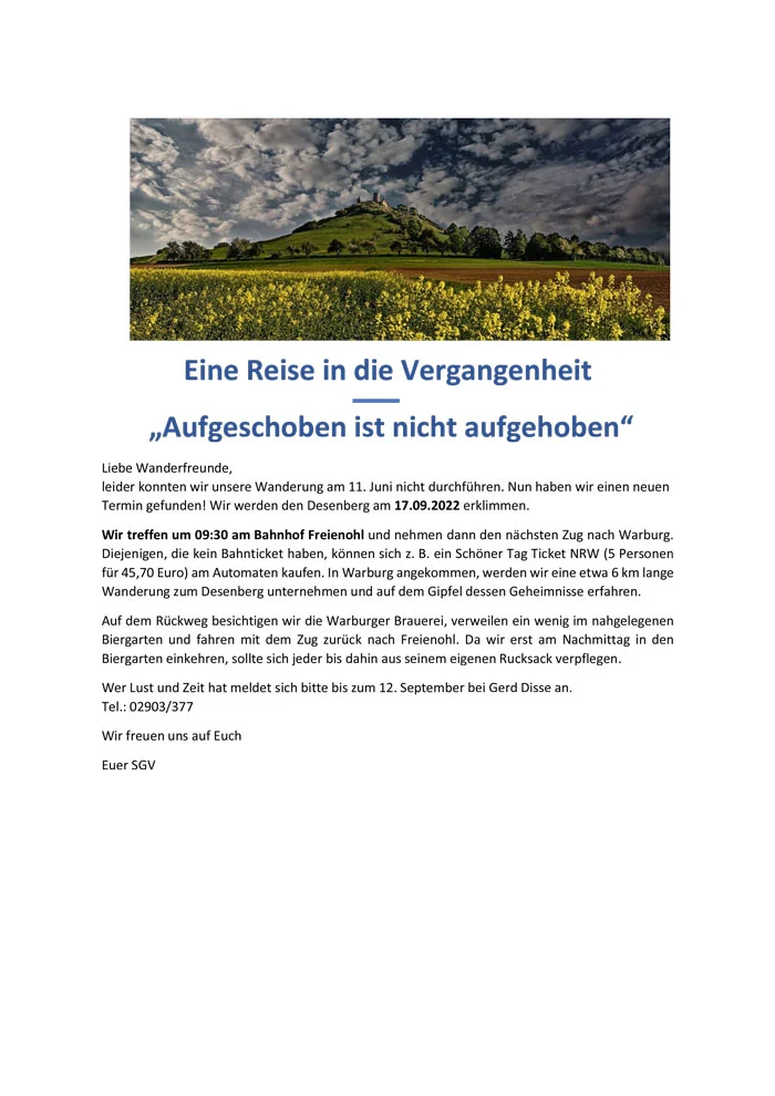SGV-Wanderung "Eine Reise in die Vergangenheit" verschoben auf den 17.09.2022
