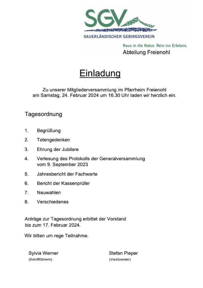 SGV: Einladung zur Mitgliederversammlung 2024
