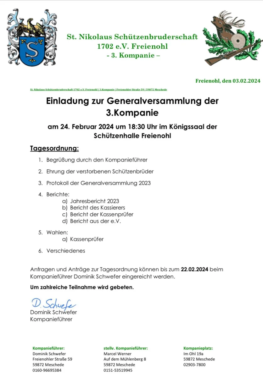 Einladung zur Generalversammlung der 3. Kompanie
