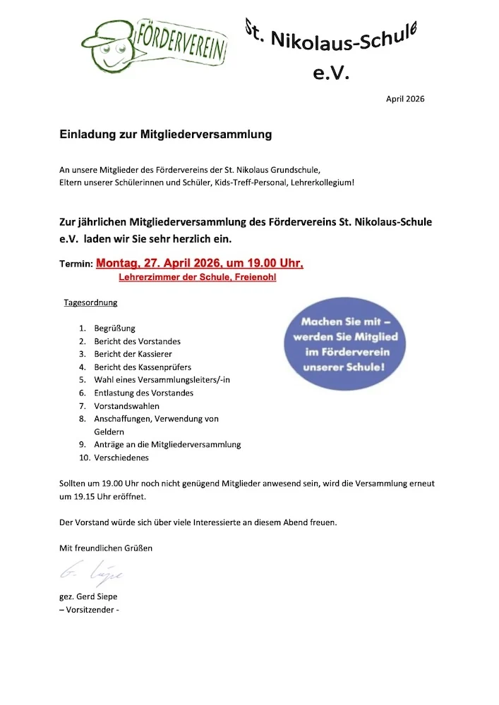 Mitgliederversammlung 2026 des Förderverein Grudschule Freienohl
